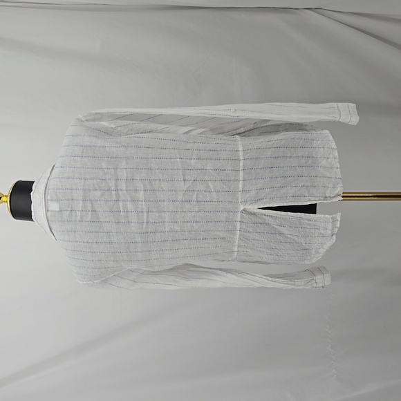 Saks Fifth Avenue Linen White Blue Striped Collared Button Tab Roll Sleeve Top M - Picture 5 of 10